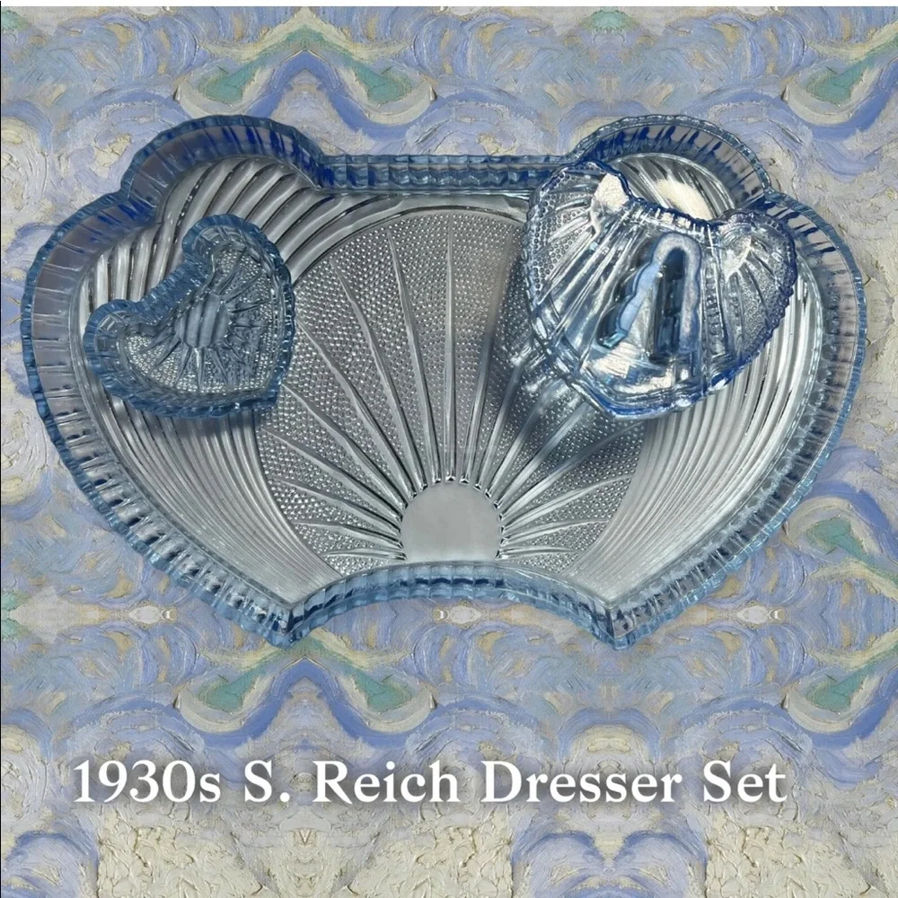 Vintage 1930s CZECH Samuel Reich 3 Piece Blue Art Deco Dresser Set BC